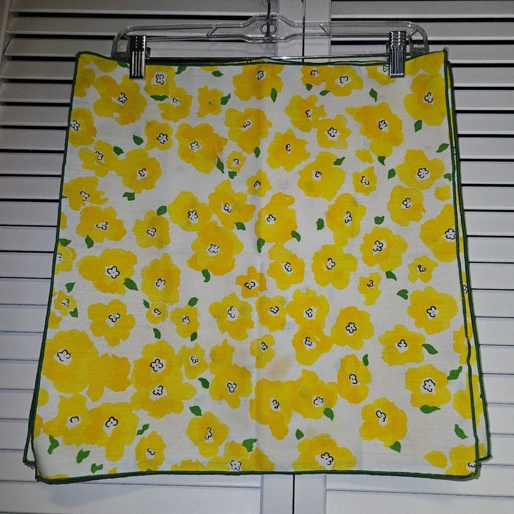 Vintage Yellow Floral Cloth Napkins Set of 8 Green Trim Retro Spring Dining